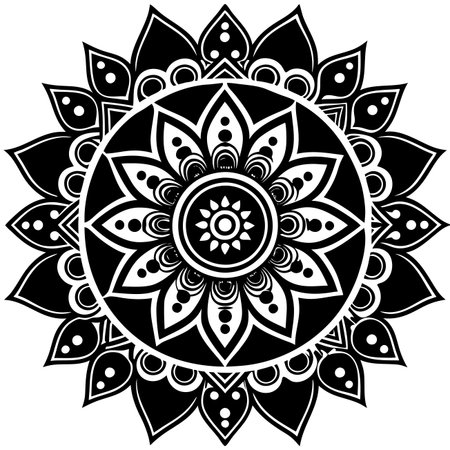 Ornate floral design in black and white. Concentric circles and stylized petals create a symmetrical motifのイラスト素材