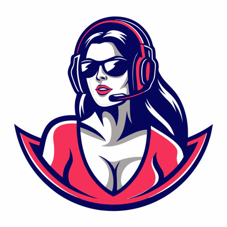Woman with headset and sunglasses. V-shaped emblem around herのイラスト素材