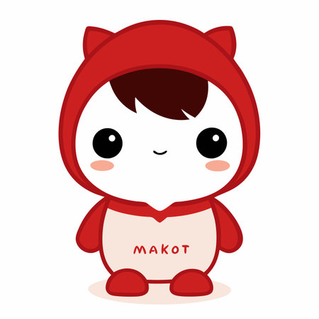 Cute cartoon character in red hooded outfit with large eyes and rosy cheeksのイラスト素材
