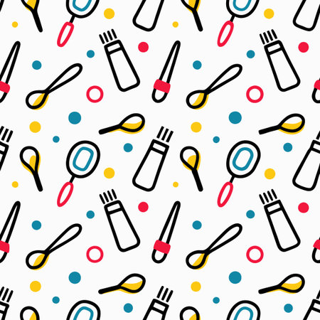 Beauty supplies pattern. Manicure, mirror, dots, and tools on a white background. Bright, colorful, seamlessのイラスト素材