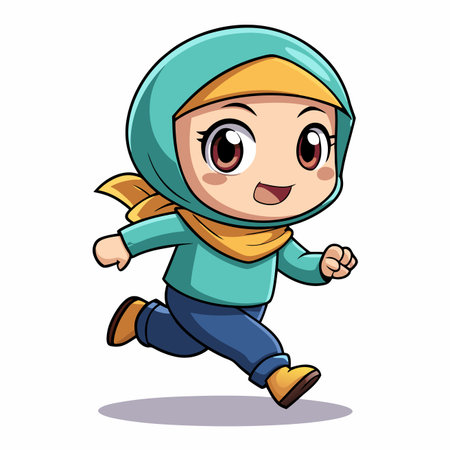 Cute cartoon girl running, wearing a hijab. Cheerful expression. Simple designのイラスト素材