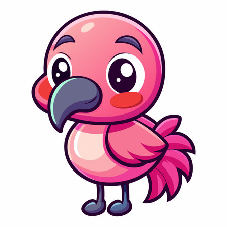 Cute cartoon flamingo with big eyes and a pink body, standing against a white backgroundのイラスト素材