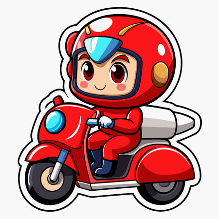 Cute cartoon character rides a red scooter with matching helmet and suitのイラスト素材