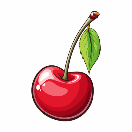 Cartoon cherry illustration. Red fruit with stem and green leaf, vibrant colorのイラスト素材
