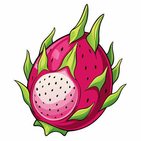 Pink dragon fruit with green scales, cut open revealing white flesh with black seeds. Vibrant colorsのイラスト素材