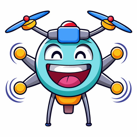 Animated, light blue drone with a smiling face and propellersのイラスト素材