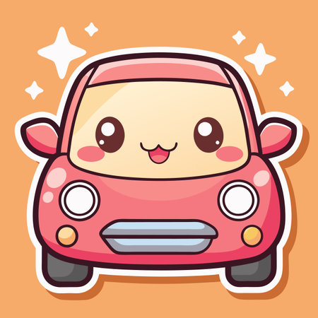 Cute cartoon car. Pink vehicle with smiling face and starry backdropのイラスト素材