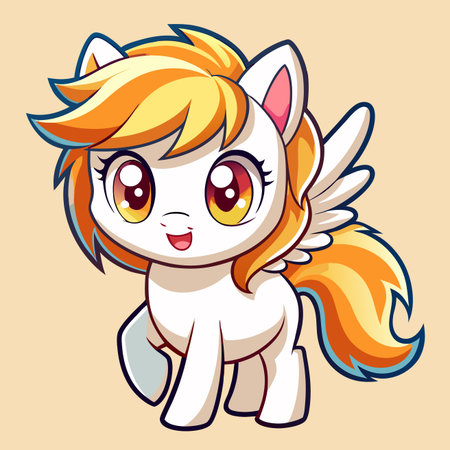 Cartoon pony with wings, orange-yellow mane, pink inside ears, on tan backgroundのイラスト素材