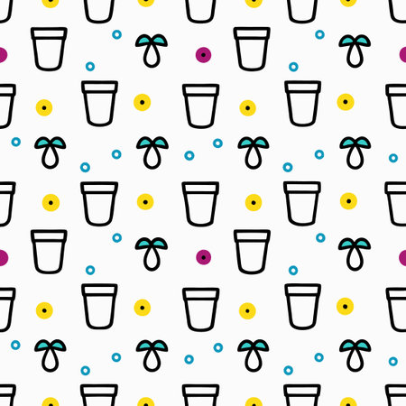 Seamless pattern of pots, sprouts, and circles against a white backdrop