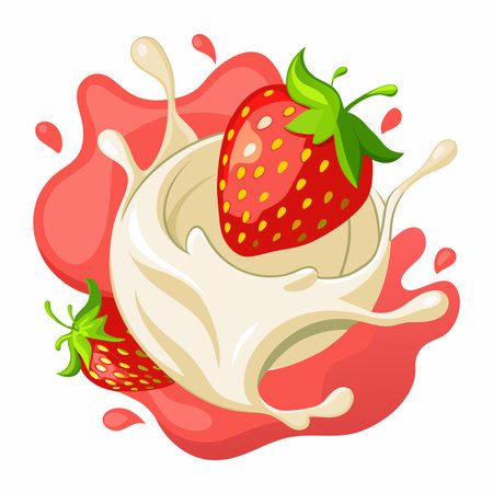 Two strawberries in milk splash and strawberry juice. Cartoon illustration isolated on whiteのイラスト素材