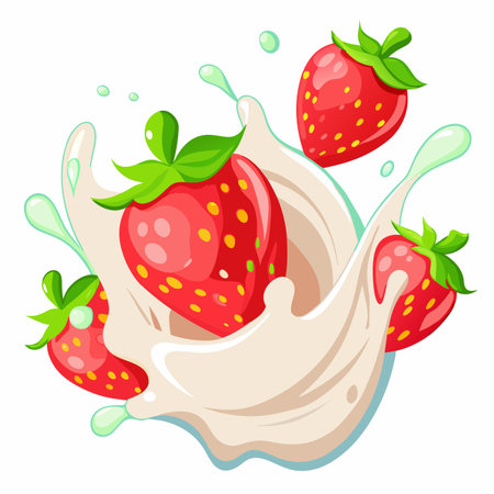 Ripe strawberries falling into creamy splash. Refreshing and sweet delightのイラスト素材