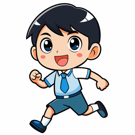 Boy cheerfully running in school uniform, smiling, in a cartoon styleのイラスト素材