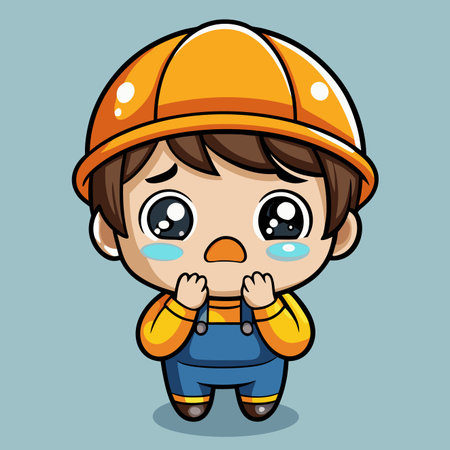 Crying cartoon builder with helmet and overalls looking sadのイラスト素材