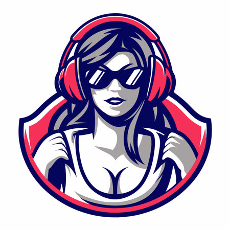 Woman wearing headphones and sunglasses in a decorative frameのイラスト素材