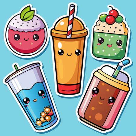 Cute drinks! Cartoon beverages with smiles. Various colorful cups and toppingsのイラスト素材