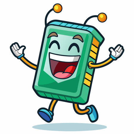 Happy chip cartoon character running with arms raised and cheerful faceのイラスト素材