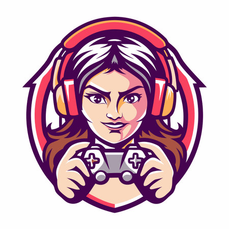 Gaming girl portrait. Headphones, controller, determined expression in a graphic stylized designのイラスト素材
