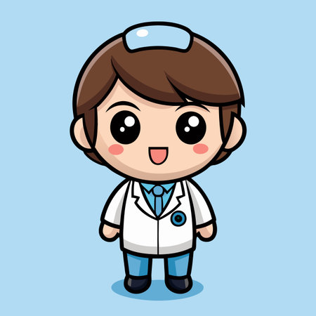 Cartoon doctor with a white coat and cap, big eyes, and happy smile on a light blue backgroundのイラスト素材