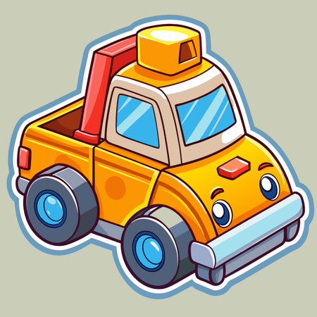 Cartoon tow truck illustration. Cute yellow vehicle with eyes and simple designのイラスト素材