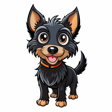 Cartoon dog with black fur, tan markings, orange collar, big eyes, and happy expression standsのイラスト素材