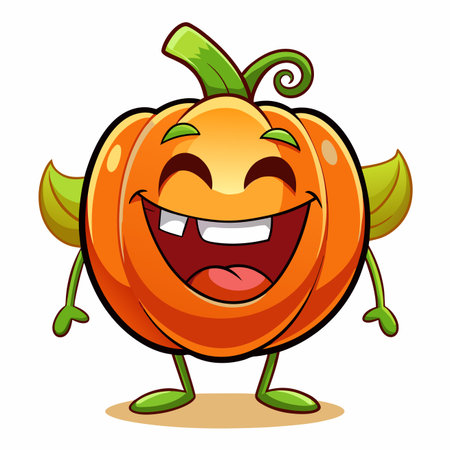 Cartoon pumpkin smiles widely with missing tooth, leaves, stem, and green arms and legsのイラスト素材