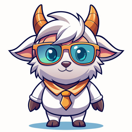 Cute goat cartoon character wearing glasses and a tie, standing uprightのイラスト素材