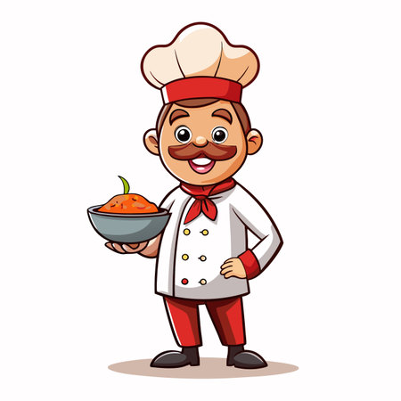 Cartoon chef holding bowl of food, cheerful expression, white uniform, red accentsのイラスト素材