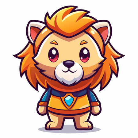 Adorable, cartoon lion character with a mane and cute outfit, standing on a white backgroundのイラスト素材