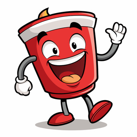 Red drink cup character with arms and legs happily waving and smilingのイラスト素材