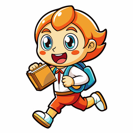 Cartoon student running with book and backpack, cheerful expression, school concept on white backgroundのイラスト素材