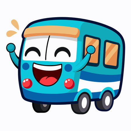 Cheerful blue bus cartoon with raised arms, happy expression, and a white backgroundのイラスト素材