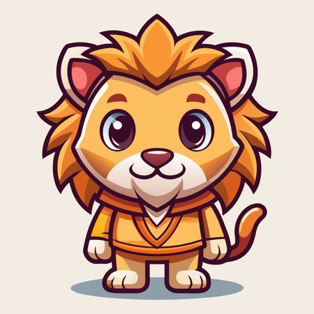 Cartoonish lion character. Adorable big eyed feline, orange mane, paws. Friendly, cheerful expressionのイラスト素材