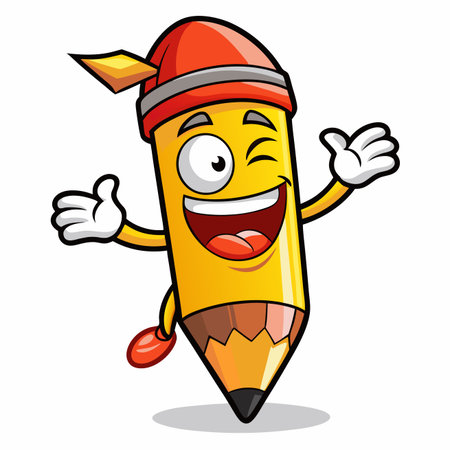 Smiling pencil character wearing red hat, winking, and presenting with happy expressionのイラスト素材