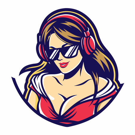 Cartoon woman with headphones, sunglasses and red top. Modern digital artのイラスト素材