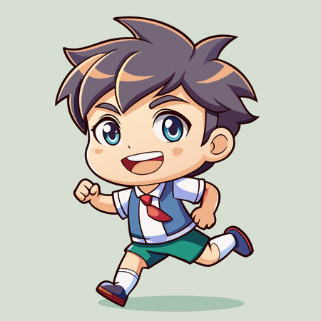 Cartoon boy running. Grey hair, blue eyes, smiling. Wearing school uniformのイラスト素材