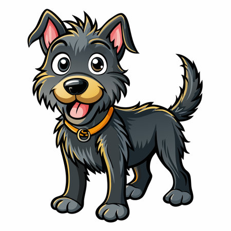 Cartoon dog illustration with black fur, happy expression, collar on whiteのイラスト素材