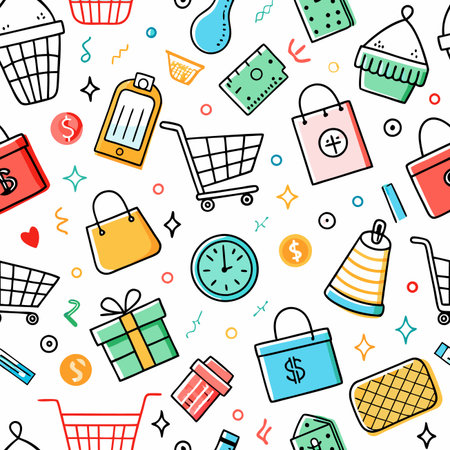 Colorful shopping pattern carts, bags, gifts, money on white background with star accentsのイラスト素材