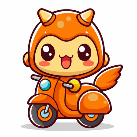 Cute cartoon character riding orange scooter with horns, smilingのイラスト素材