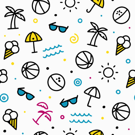 Summer fun pattern featuring beach balls, ice cream, sunglasses, sun, and palm trees