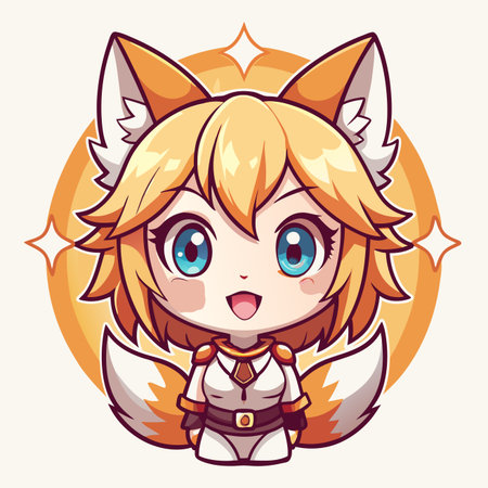 Fox-eared girl with big blue eyes, smiling, against a gradient circle backgroundのイラスト素材
