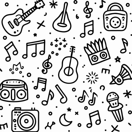 Musical instruments and notes pattern, with guitars, speakers, microphones, and scattered decorationsのイラスト素材