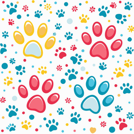 Colorful paw prints pattern on white. Repeating playful illustration of animal footprintsのイラスト素材