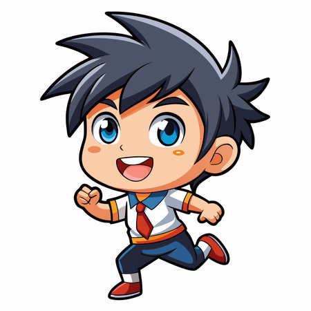 Happy cartoon boy running with school uniform and red tie, smiling widelyのイラスト素材
