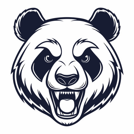 Panda portrait. Black and white angry bear head with menacing eyes and mouth open wideのイラスト素材