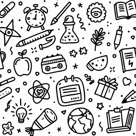 Doodle pattern school objects, apple, books, clock, atomのイラスト素材