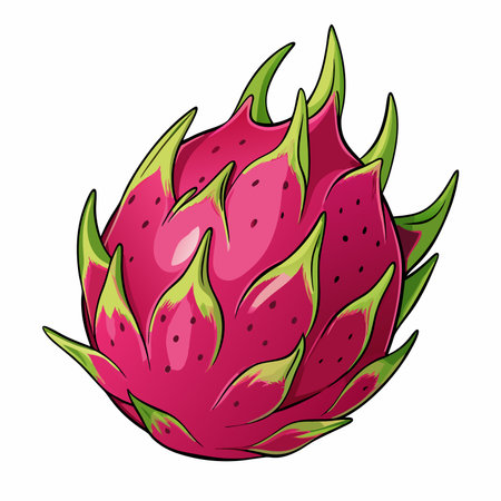 Exotic fruit illustration with bright pink skin, green leaves, and tiny dark seedsのイラスト素材
