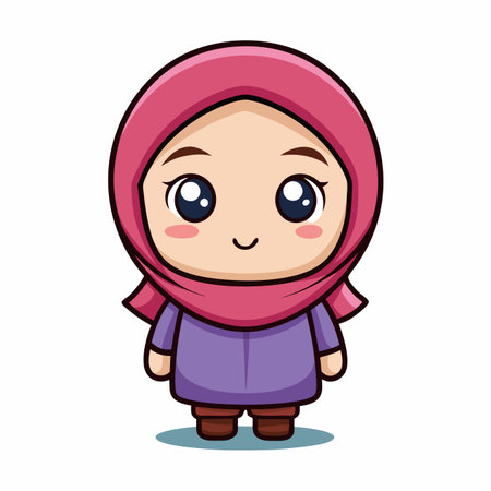 Cute cartoon girl with pink hijab, purple shirt, and brown shoes. Adorable and simple designのイラスト素材