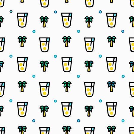 Summer pattern of drinks, palm trees, and dots on white background