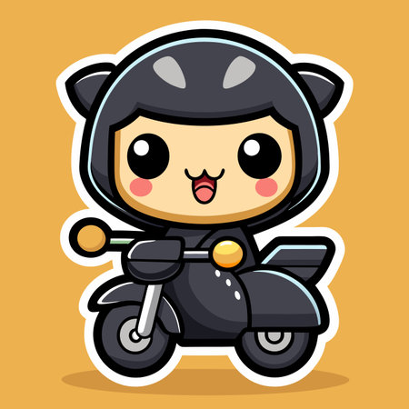 Cute character riding a black scooter with big eyes and rosy cheeksのイラスト素材