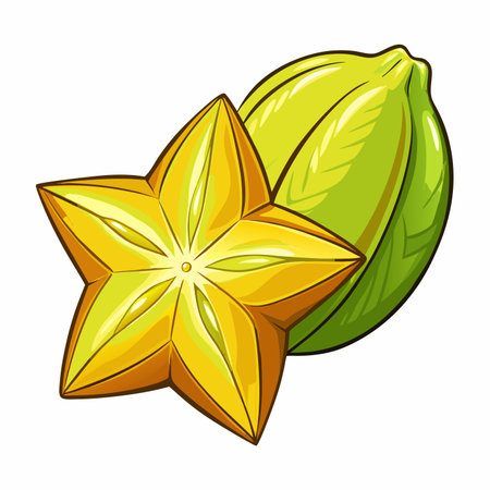 Starfruit Yellow sliced fruit with green, curved skinのイラスト素材